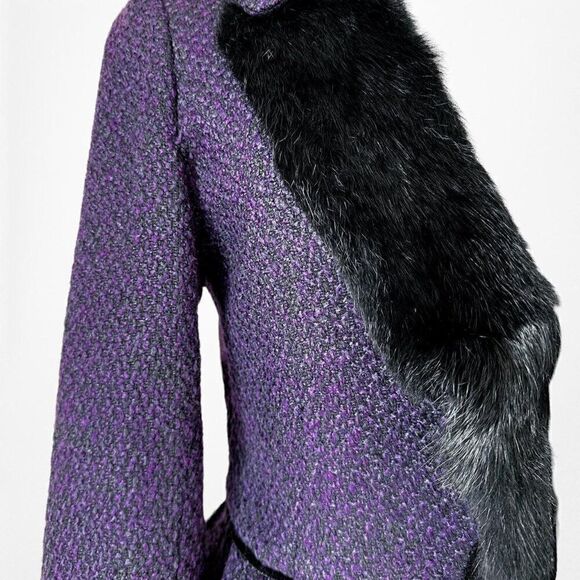 Vintage Y2K Purple Tweed Faux Fur Lined Peplum Blazer Jacket Coat Size S - Picture 6 of 6